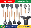 Kit com 12 Utensílios de Cozinha em Silicone com Cabo de Madeira Conjunto Completo