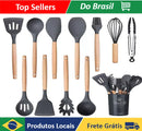 Kit com 12 Utensílios de Cozinha em Silicone com Cabo de Madeira Conjunto Completo