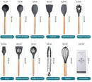Kit com 12 Utensílios de Cozinha em Silicone com Cabo de Madeira Conjunto Completo