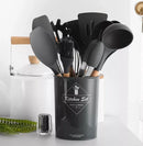 Kit com 12 Utensílios de Cozinha em Silicone com Cabo de Madeira Conjunto Completo