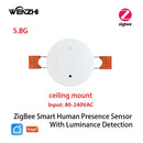 Sensor de Presença Humana ZigBee WiFi MmWave Tuya Smart com Detecção de Movimento, Luz e Distância