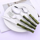 Kit Talheres 3 Peças em Aço Inox 304 com Cabo Estilo Bambu Verde Garfo Faca e Colher