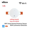 Sensor de Presença Humana ZigBee WiFi MmWave Tuya Smart com Detecção de Movimento, Luz e Distância