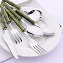 Kit Talheres 3 Peças em Aço Inox 304 com Cabo Estilo Bambu Verde Garfo Faca e Colher